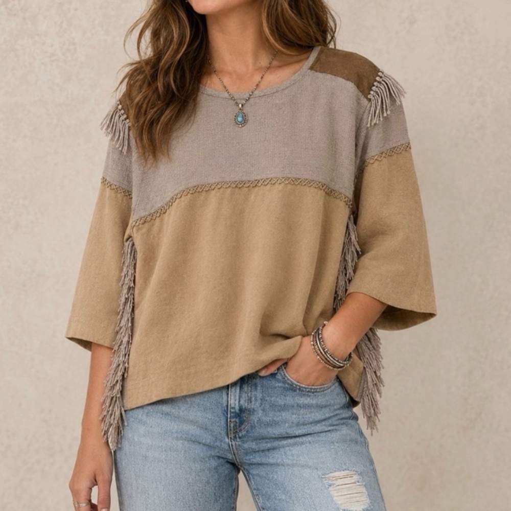 Nightcap Clothing Fringe Trim Crop Suede Western Top Festival Neutral 1 XS XXS